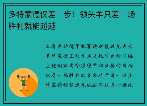 多特蒙德仅差一步！领头羊只差一场胜利就能超越